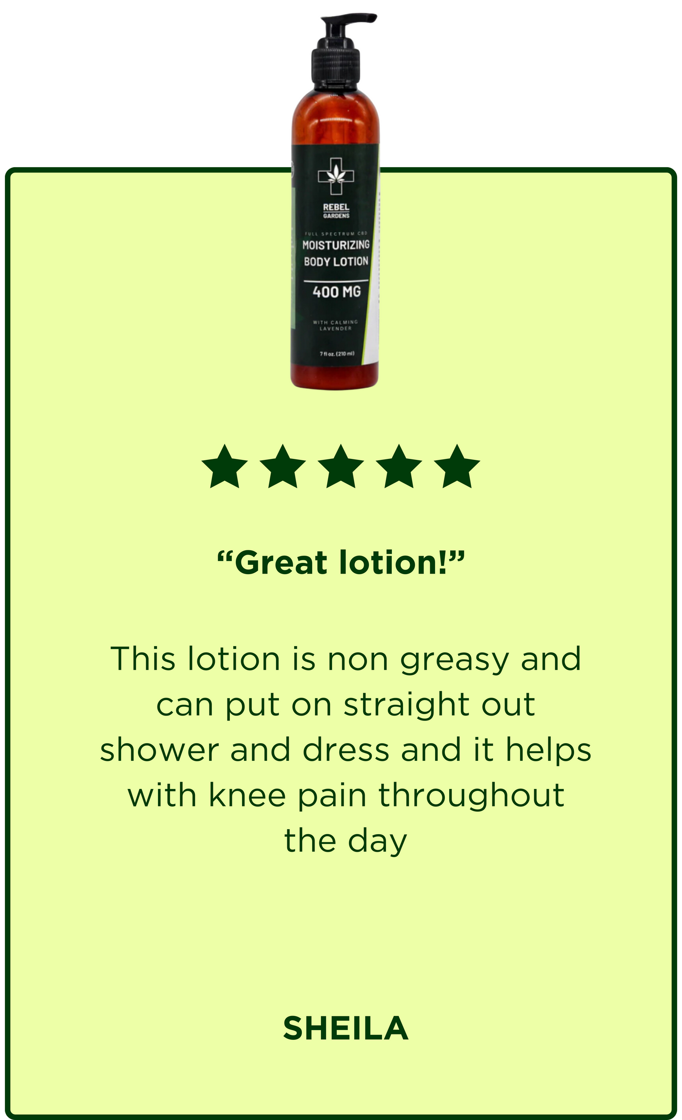 Lotion Testimonial - This lotion is non greasy and can put on straight out shower and dress and it helps with knee pain throughout the day