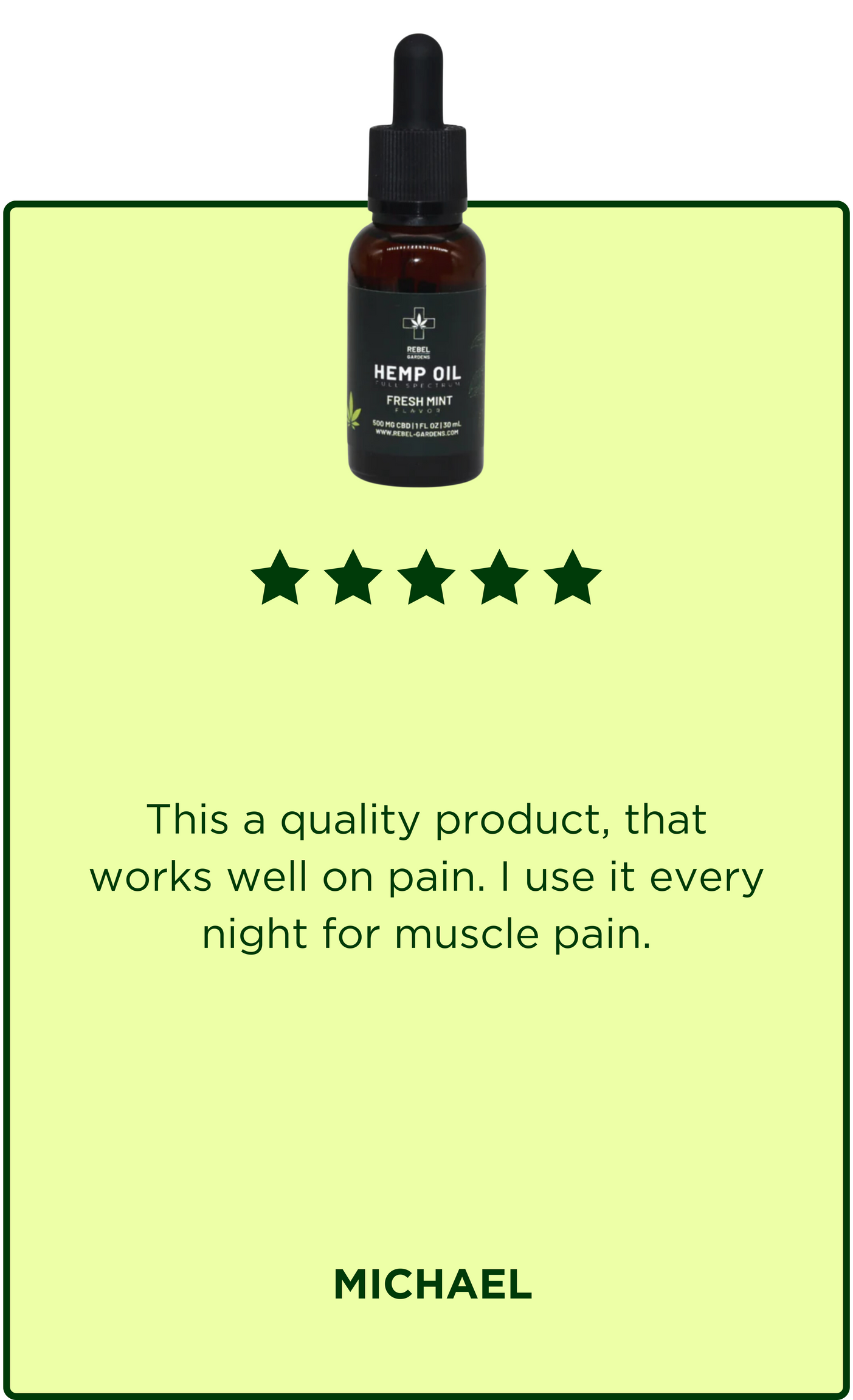 Hemp Oil Testimonial - This is a quality product, that works well on pain. I use every night for muscle pain