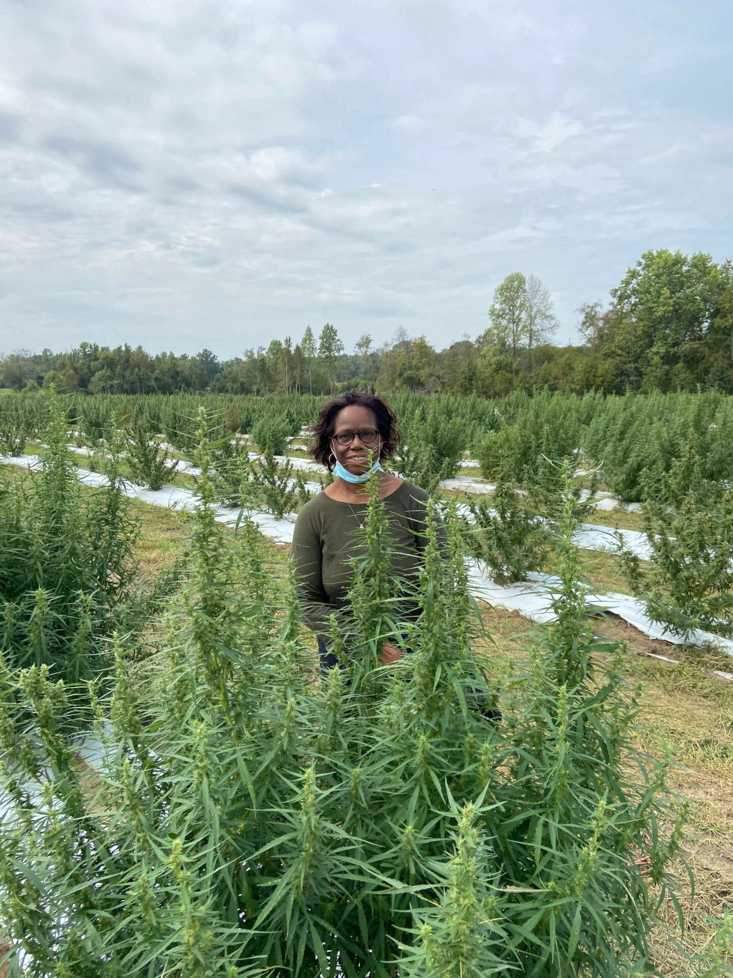 Barbara Sharpe standing in her cannabis farm behind a plant.